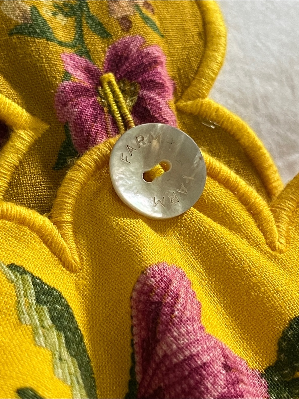 FARM Rio Yellow Summer Fruit Scarf Midi Dress pink floral cutout eyelet scallop - Picture 3 of 15